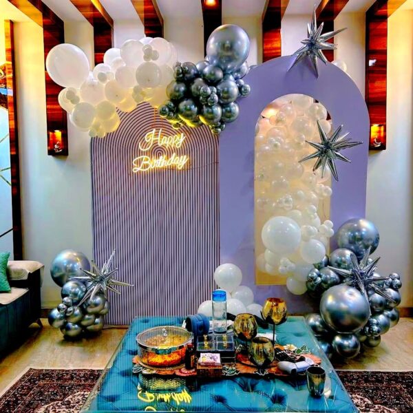 Elegant Silver & White Balloon Arch Birthday Decor